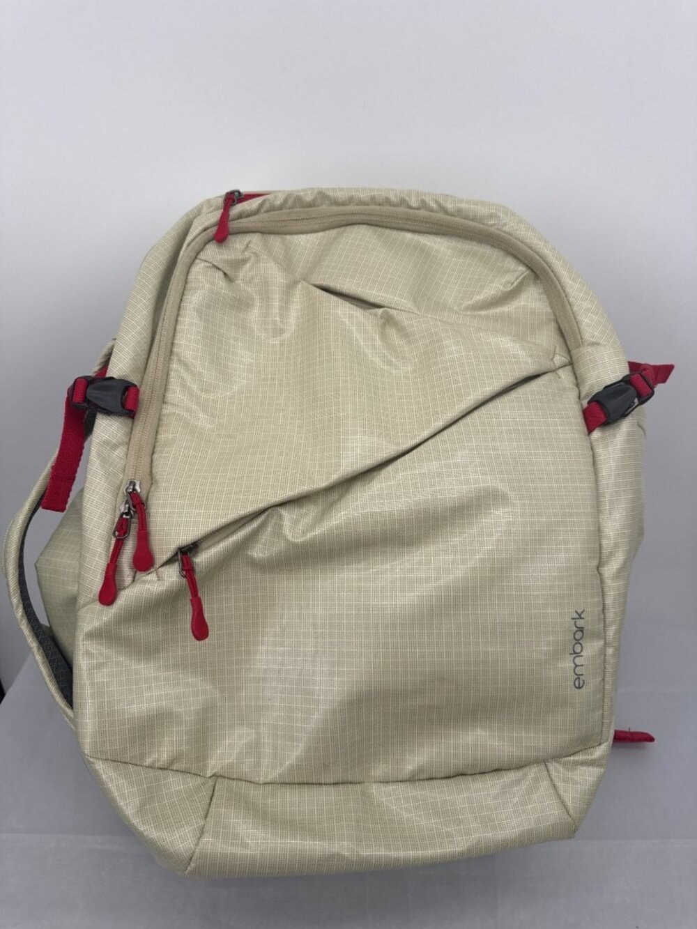 Embark 45L Adventure Travel Backpack Tan Grid Gorpcore Hiking Camp Festival